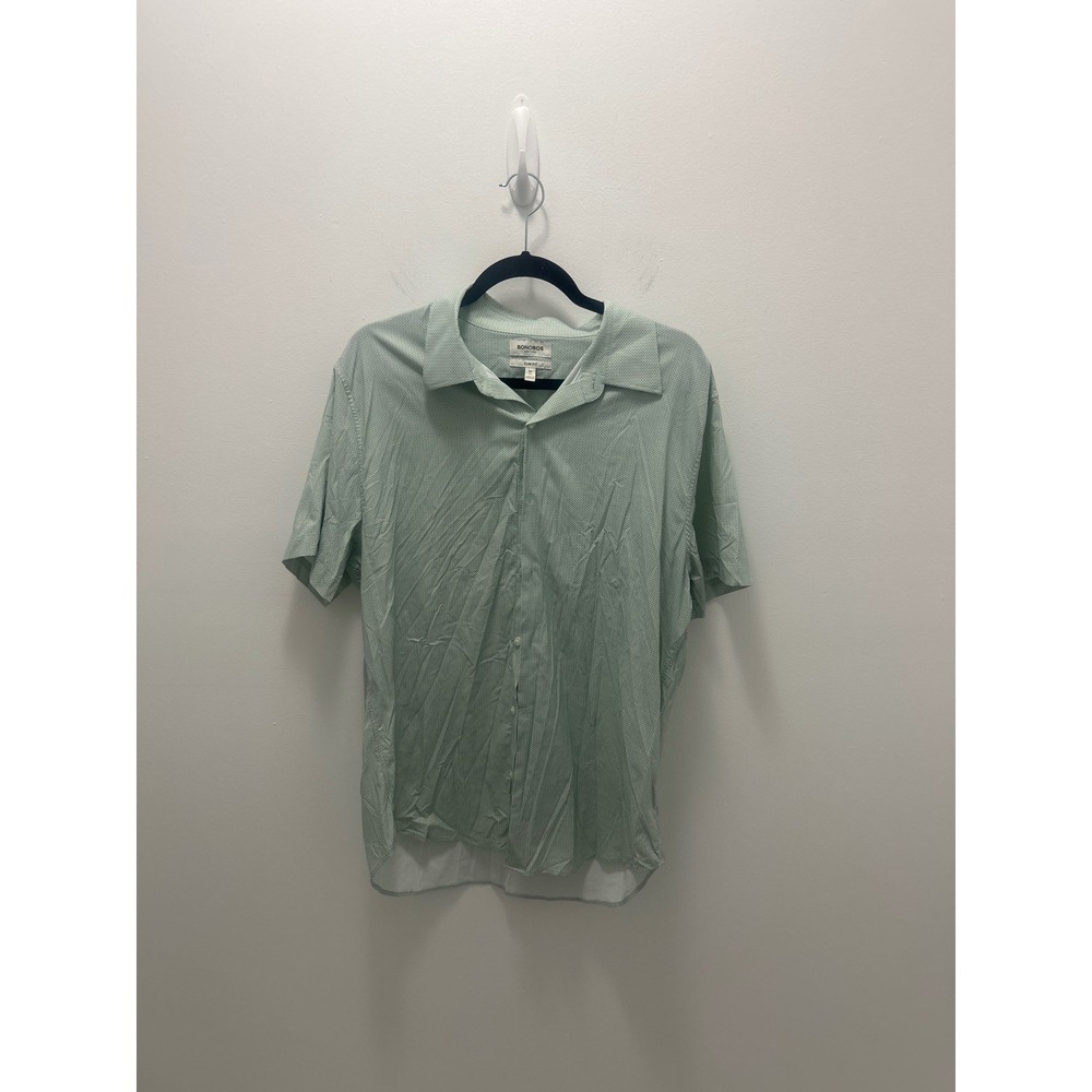 Bonobos Riviera Slim Fit Short Sleeve Shirt Green White Micro Dot Camp Collar M